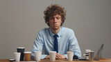 A man in a light blue shirt and tie looks fatigued and overwhelmed at his desk, surrounded by numerous coffee cups, indicating long hours of work.
