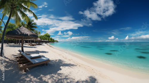 Panoramic beautiful sandy beach with sunbeds © ahmed
