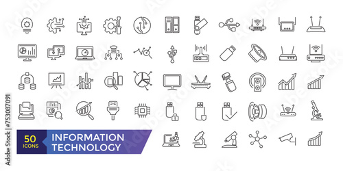 Information technology Machine learning, data analysis thin line icons set vector illustration. Outline algorithms and automatic smart processes icon collection.