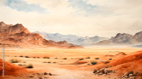 watercolor of a desert, desert painting, mountains in the desert © Gomez