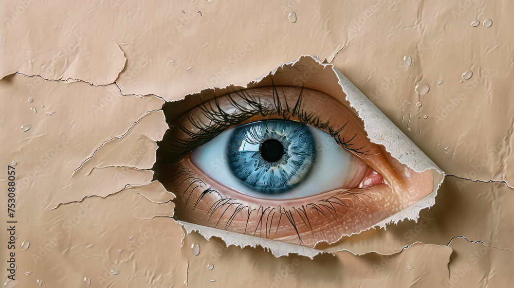 Surreal Image of a Blue Eye Peering Through Ripped Beige Surface