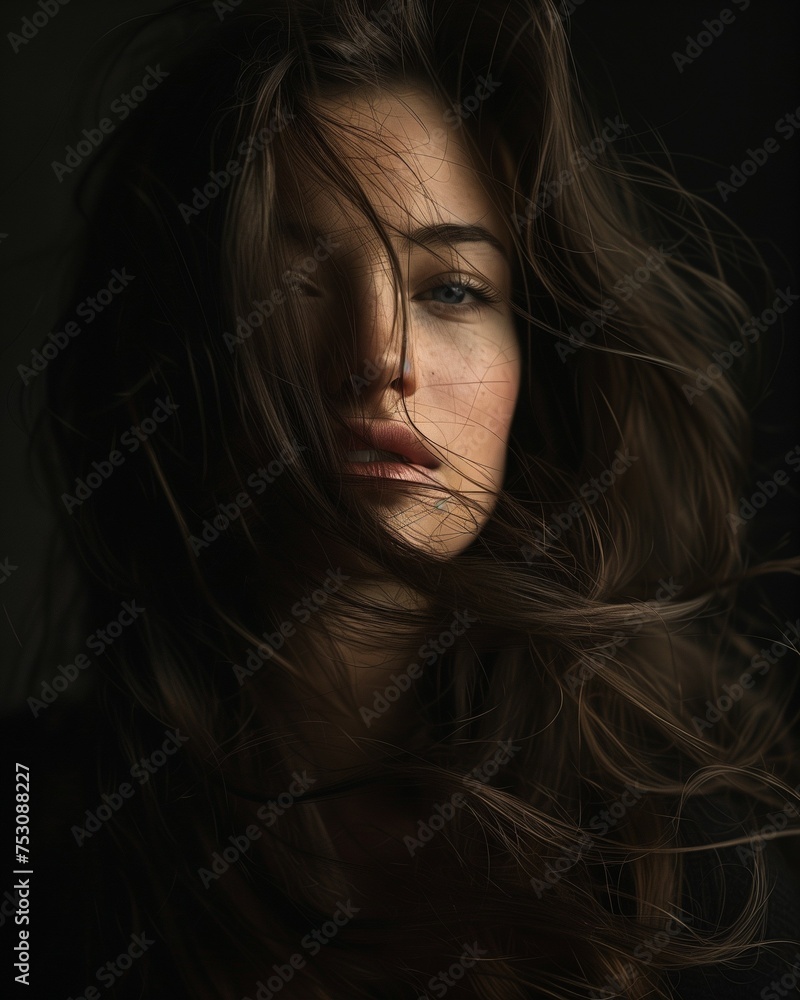 Closeup portrait of an attractive woman with her long hair blowing in the wind, dark settings. Closeup portrait of an attractive woman with her long hair blowing in the wind, dark settings.
