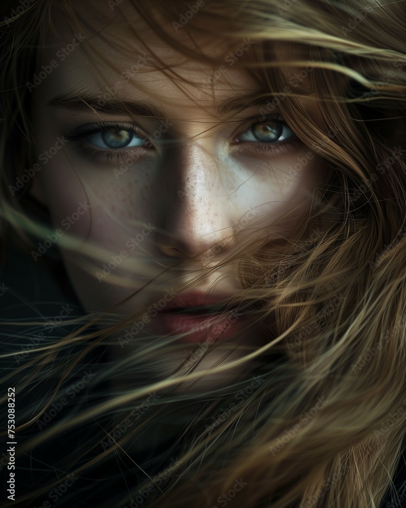 Closeup portrait of an attractive woman with her long hair blowing in the wind, dark settings. Closeup portrait of an attractive woman with her long hair blowing in the wind, dark settings.