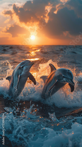 Two dolphins leaping gracefully from the ocean against a stunning sunset backdrop.