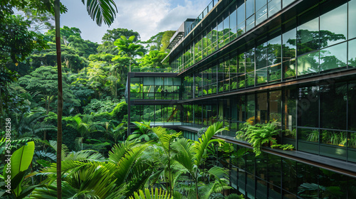 Glass office building surrounded by lush forests, representing the balance between development and nature conservation. Sustainable green building. Eco-friendly building. Green architecture.