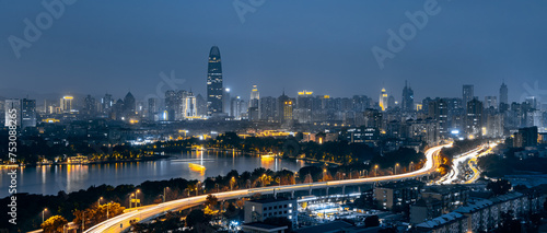 Night View of Daming Lake and Urban Viaduct Skyline in Jinan, Shandong, China