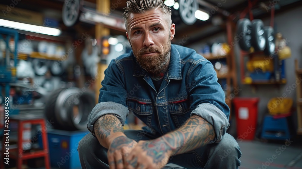 a mechanic with tattoos balances a car wheel. mechanic in a well-lit and organized workshop, wearing a professional uniform that highlights the tattoos on their arms. a mechanic with tattoos balances a car wheel. mechanic in a well-lit and organized workshop, wearing a professional uniform that highlights the tattoos on their arms.
