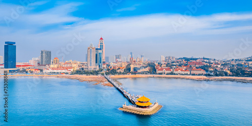 Scenery of Qingdao Zhanqiao Huilan Pavilion and Urban Skyline in Shandong, China