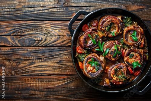 Traditional Italian dish Ossobuco all Milanese made with cut veal shank meat with vegetable tomato sauce served in black casserole pan top view on rustic brown wooden background. 