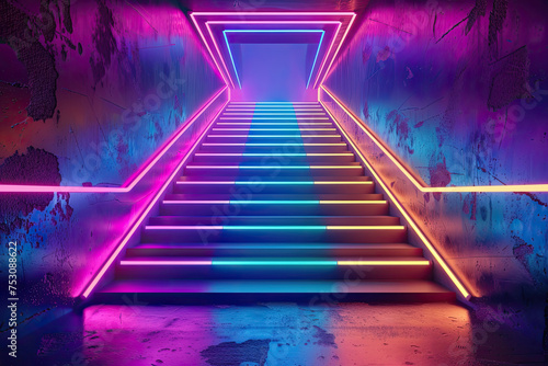 Futuristic Neon-Lit Stairway with a Neon Tunnel at the Apex