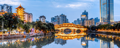 Night Scenery of Anshun Bridge and Urban Skyline in Chengdu, Sichuan, China