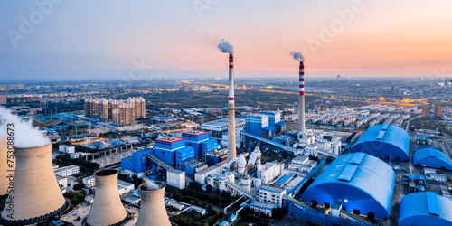 Aerial photo of a coal-fired power plant in Hohhot, Inner Mongolia, China at dusk photo