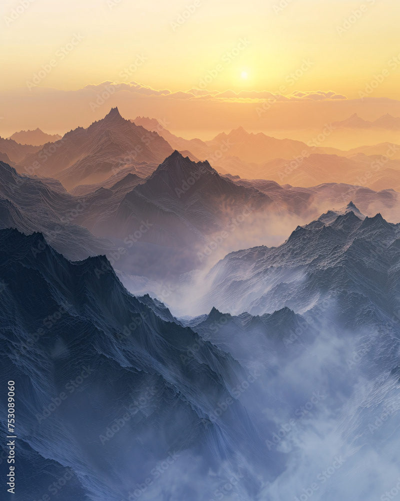 Serene 3D sunrise over a digitally created mountain range