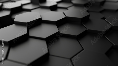 Abstract Black Hexagonal Tile Background. Close-up view of an abstract background with black hexagonal tiles featuring a matte finish and subtle textures.