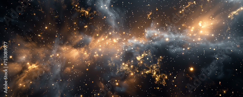 Stellar Cosmic Dust and Starfield Panorama. Panoramic view of a cosmic scene filled with starfields, golden stellar dust, and interstellar clouds creating an awe-inspiring space vista.