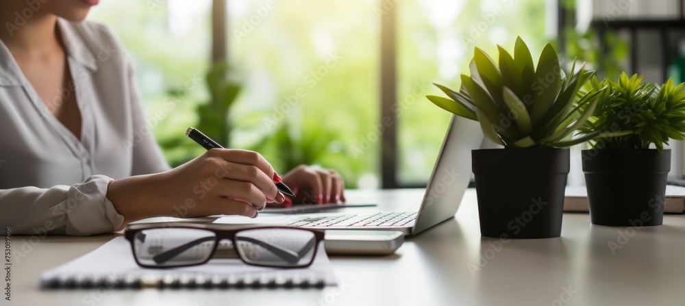 Woman using calculator for tax reduction, budgeting, and balance with space for text. Woman using calculator for tax reduction, budgeting, and balance with space for text.