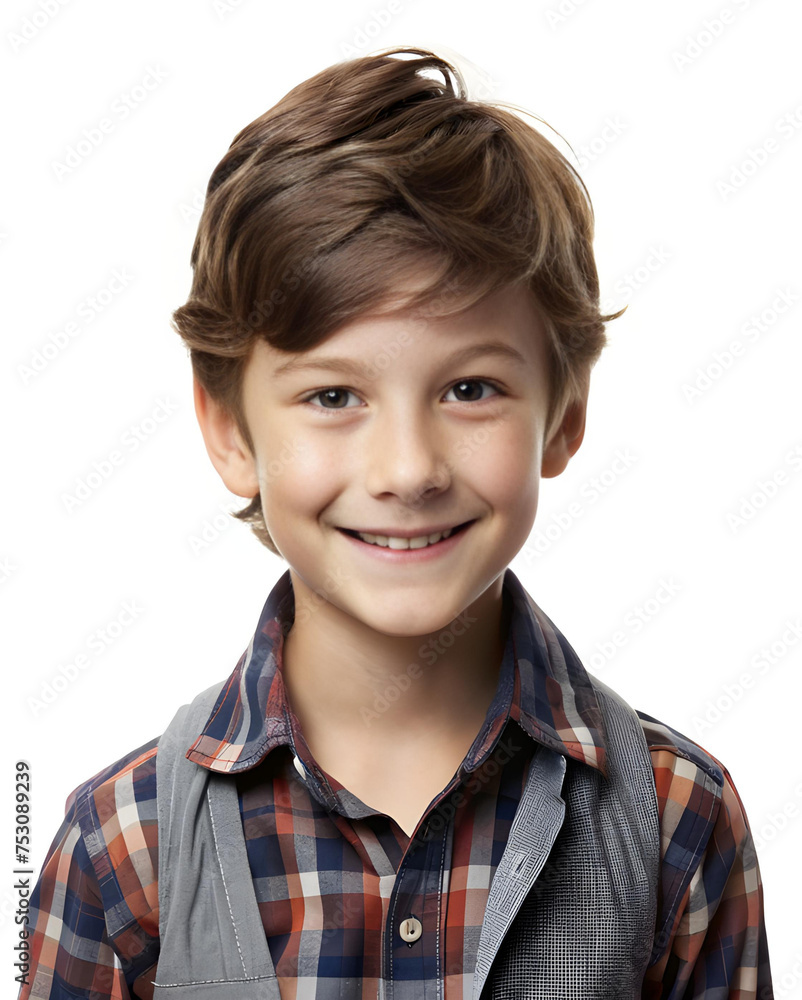 Portrait smiling boy in a checkered shirt on a white background Portrait smiling boy in a checkered shirt on a white background