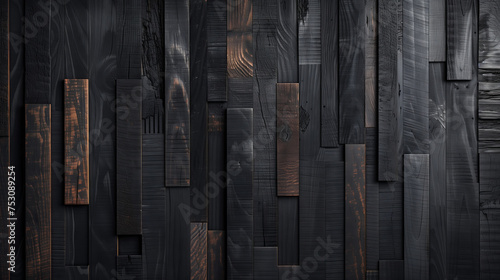 Shou Sugi Ban Japanese Charred Wood Technique. An exquisite display of the traditional Japanese Shou Sugi Ban technique on wood, featuring charred textures and natural wood grain. photo