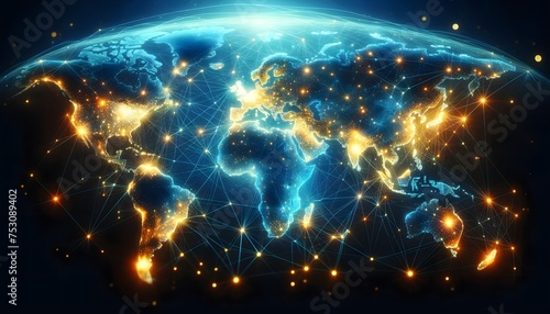  a digital and network-themed illustration of the Earth with continents glowing and interconnected by lines  symbolizing global communication and connectivity.