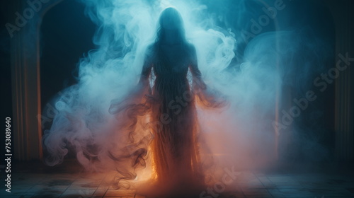 Female figure standing in smoke