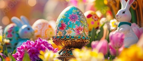 Egg knocker with intricate design surrounded by Easter themed sugar bunnies and snapdragons in a parade setting