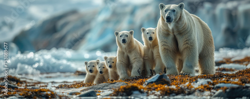 A protective polar bear with her cubs standing alert on the frosty shores of the Arctic region. © HappyFarmDesign
