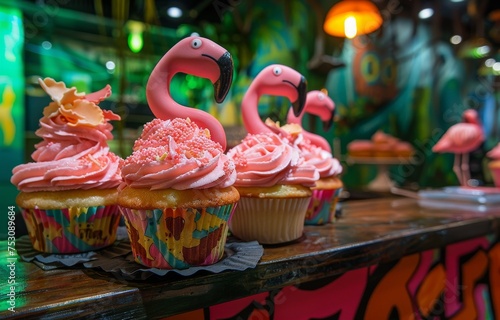 Flamingo themed cupcakes in a rainforest cafe with graffiti walls and a brewing thunderstorm outside