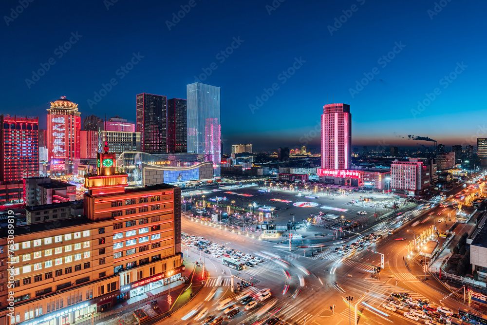 Fototapeta premium New Year Night Light Show at Xinhua Square in Hohhot, Inner Mongolia, China