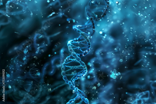 Human cell and DNA with molecules on a blue background. Medical, biology, chemistry and science concept background. photo