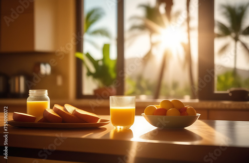 On the table fruit bowl  orange juice glass  under sunlight