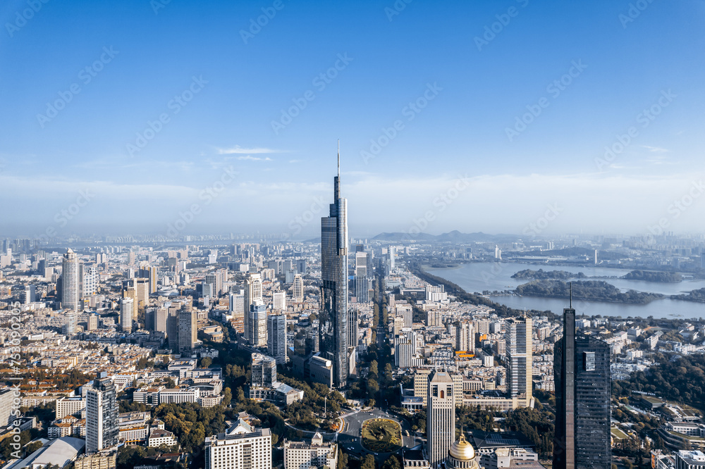 High angle night view aerial photo of Zifeng Building in Nanjing, Jiangsu, China