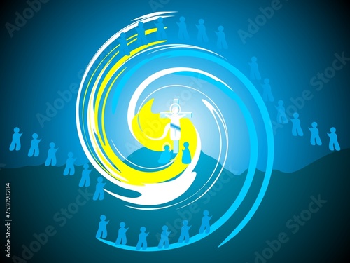 Crucifixion of Jesus on Mount Golgotha, Mary and Saint John under cross, swirl and silhouettes of modern people - abstract graphic with yellow and blue colors. Topics: Paschal Triduum, Good Friday photo