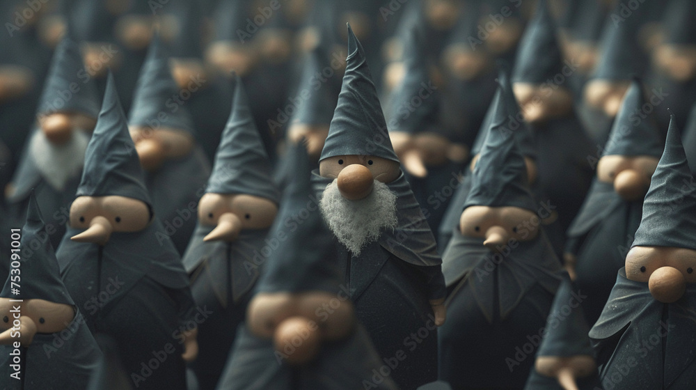3D render of a series of minimalist gnomes arranged in a pattern each differing slightly in posture and height - obrazy, fototapety, plakaty 