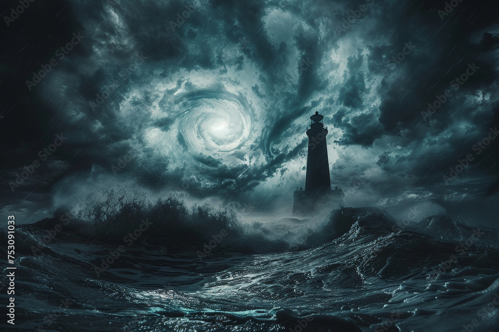 A black hole forming above a stormy sea a lighthouse standing defiantly against the elements