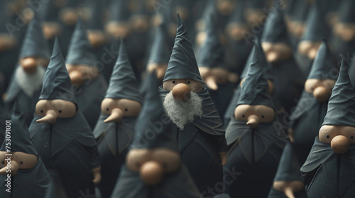 3D render of a series of minimalist gnomes arranged in a pattern each differing slightly in posture and height photo