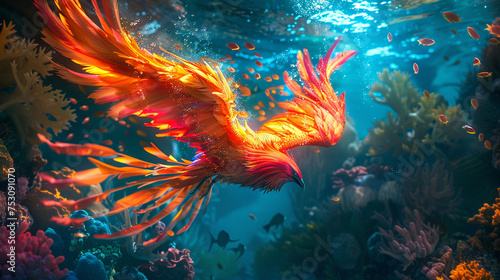 A phoenix rising from coral depths