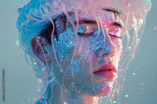 High-detail view of a person with intricate jellyfish-themed makeup and headpiece, with vibrant colors