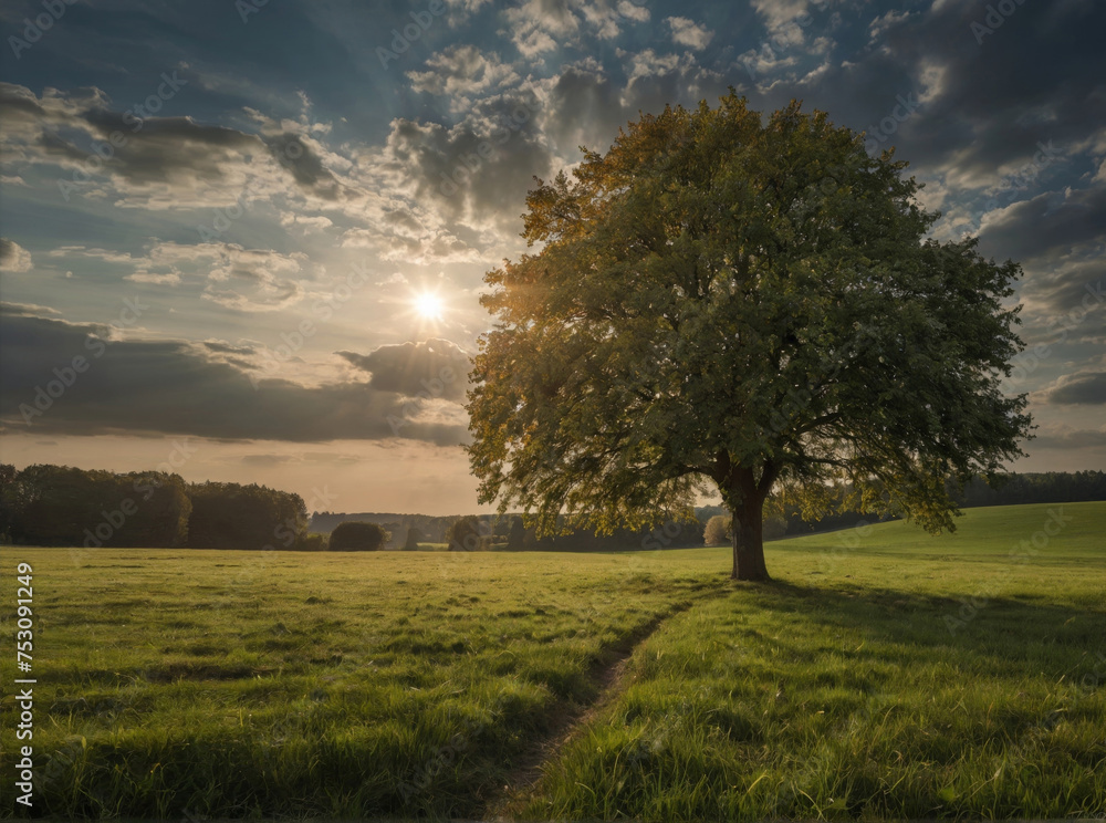 Fototapeta premium Baum auf Wiese im Gegenlicht