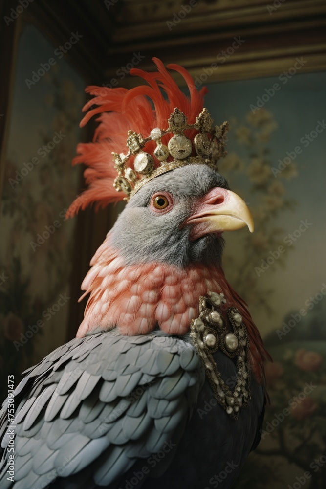An imposing eagle exuding power, wearing a crown and necklace signifying nobility, contrasted against a classical backdrop
