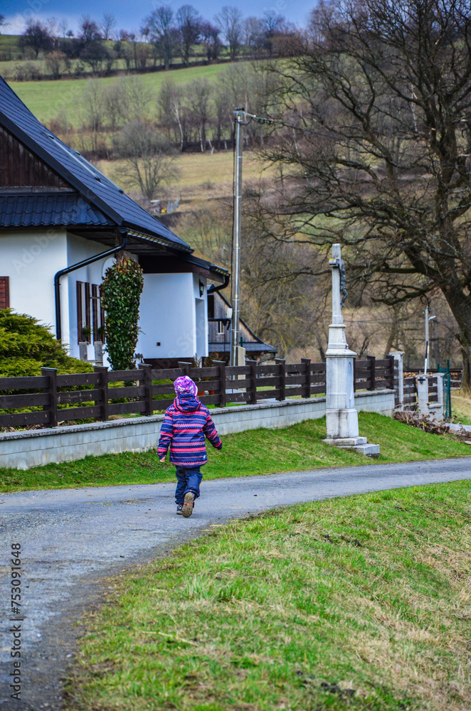 Dlouhe Strane, czech 5 MArch 2024: family on an outing in nature in the spring, a beautiful sunny day, Czech Jesenik mountains, hydropower plant