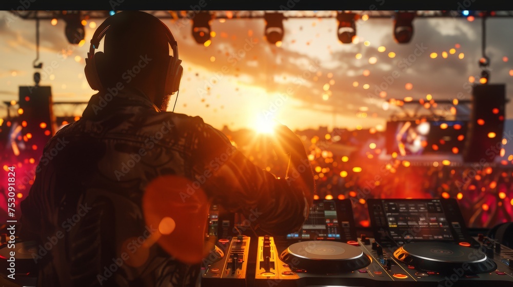 A DJ is mixing tracks on his equipment against a backdrop of a vibrant sunset and crowd with light effects A DJ is mixing tracks on his equipment against a backdrop of a vibrant sunset and crowd with light effects