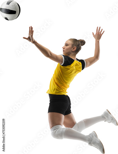 Dynamic full-length image of young competitive girl in yellow uniform, volleyball payer in motion during game isolated on transparent background. Professional sport, competition, championship concept photo