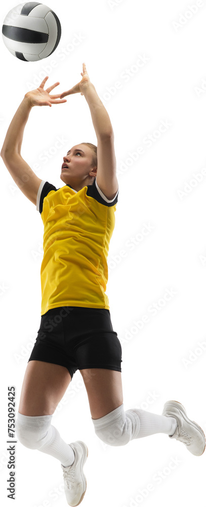 Full-length dynamic image of competitive young girl, volleyball player hitting ball isolated on transparent background. Concept of professional sport, game, competition, championship - obrazy, fototapety, plakaty 