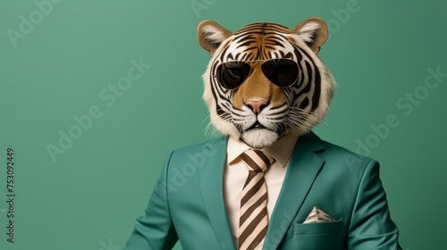 Anthropomorphic tiger in business suit pretending to work in corporate studio shot