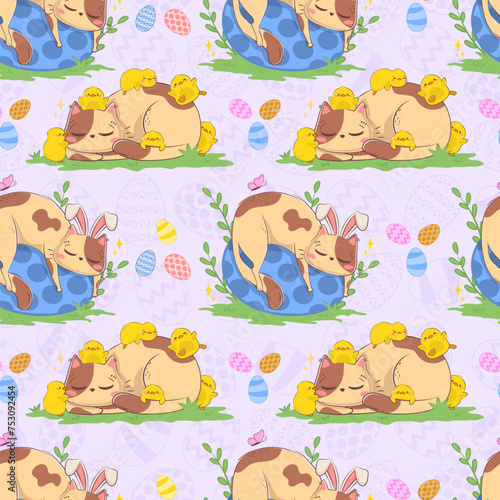 Seamless pattern with cartoon cat with bunny ears  chickens and Easter eggs isolated on pastel background.