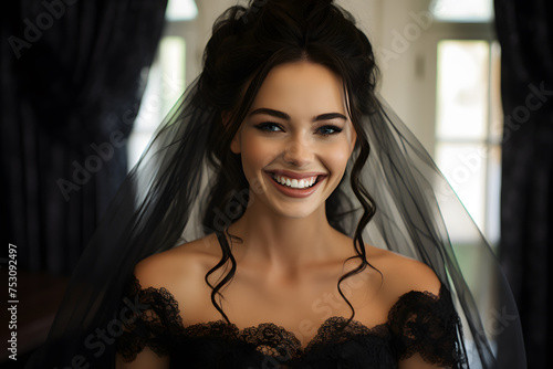 Smiling woman in unusual black gothic wedding dress