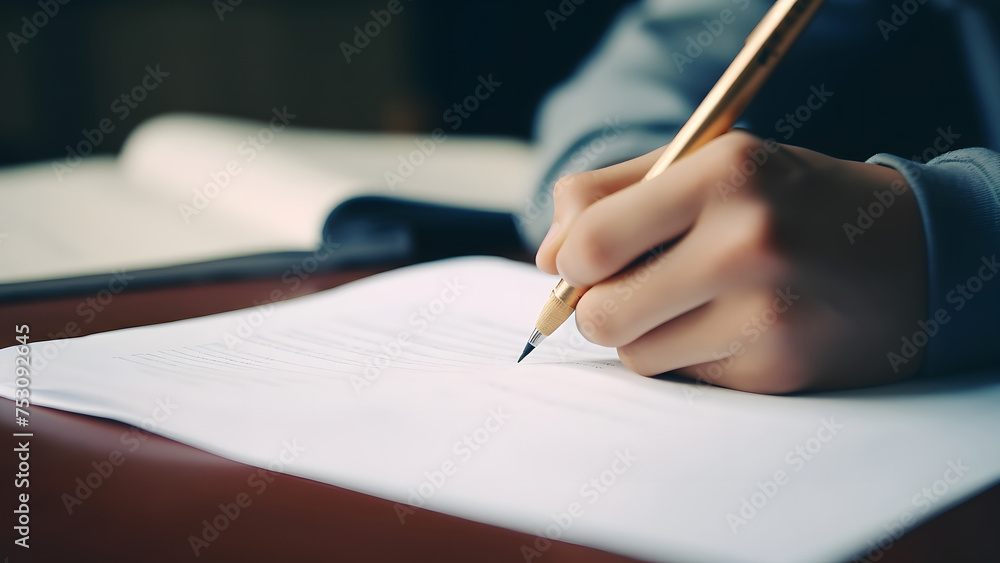 Student taking test, hand holding pencil writing note, exam, learning, studying in classroom at school - obrazy, fototapety, plakaty 
