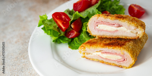 cutlet cordon bleu chicken meat food tasty eating cooking meal food snack on the table copy space food background rustic top view © Alesia Berlezova