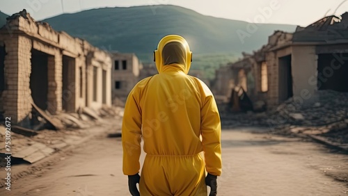 A man in a bright yellow protective radiation suit stands with his back to the camera in a city block, with destroyed buildings and debris in front of him
