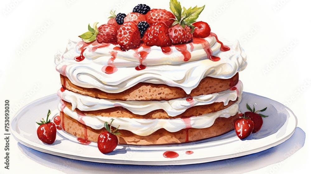 A visually stunning three-tiered cake with fresh strawberries, blackberries, strawberry sauce, and cream cheese frosting on a white plate against a white background. A visually stunning three-tiered cake with fresh strawberries, blackberries, strawberry sauce, and cream cheese frosting on a white plate against a white background.